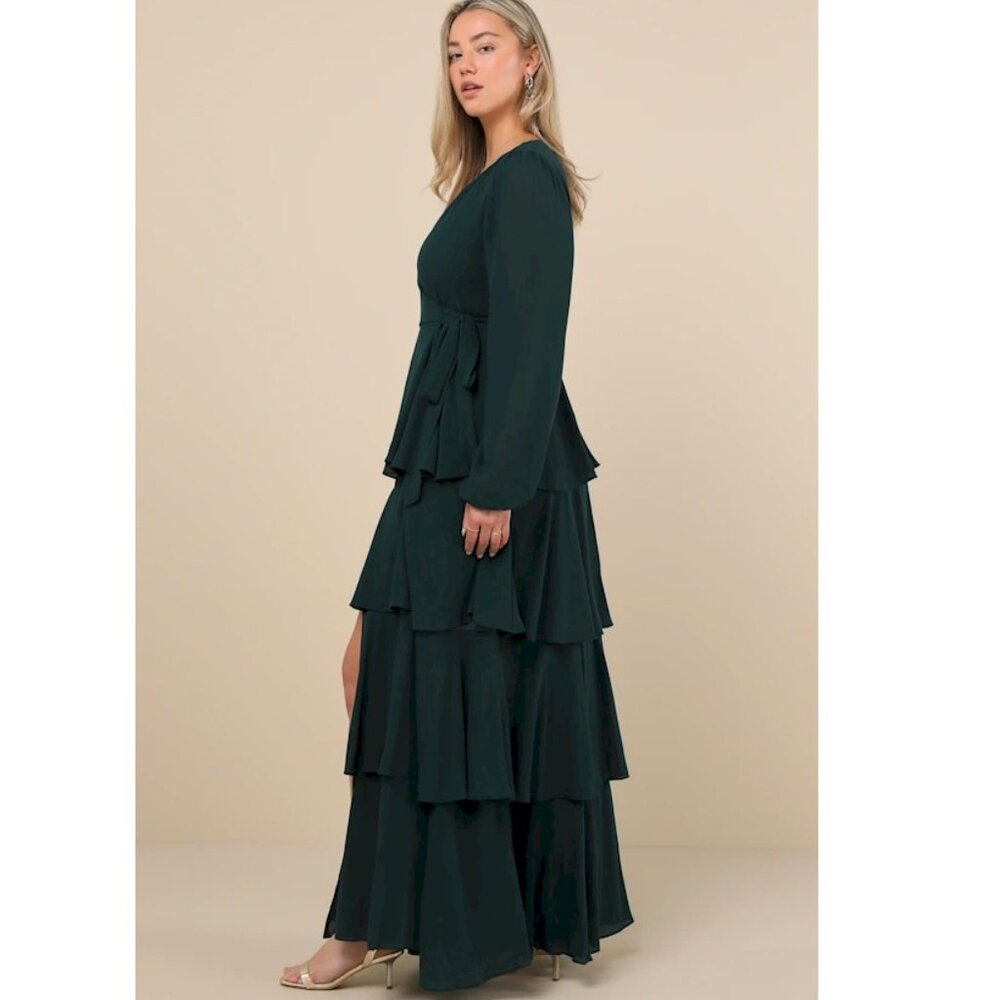 Lulus Marvelous Grace Emerald Long Sleeve Tiered Wrap Maxi Dress Size Small New - Picture 3 of 7